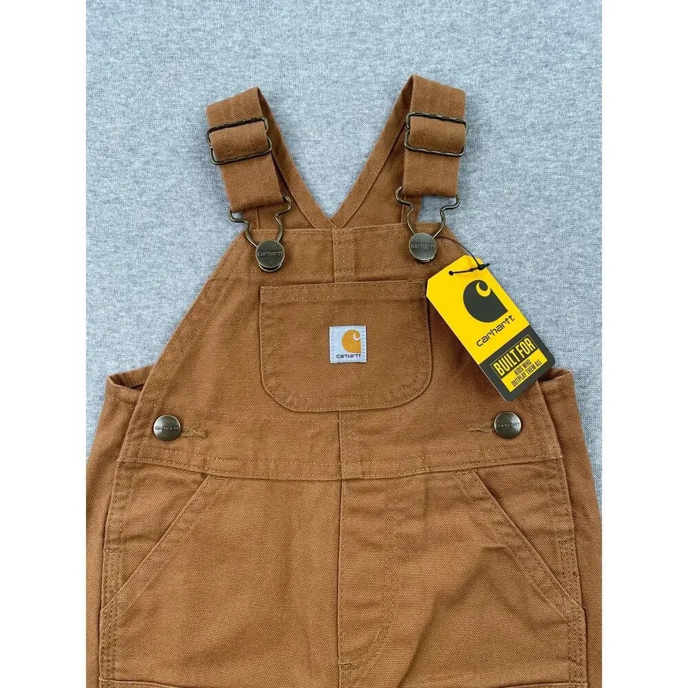 Carhartt Baby Canvas Bib Overalls 6M Brown 100% Cotton Leg Snaps Pocket Patch